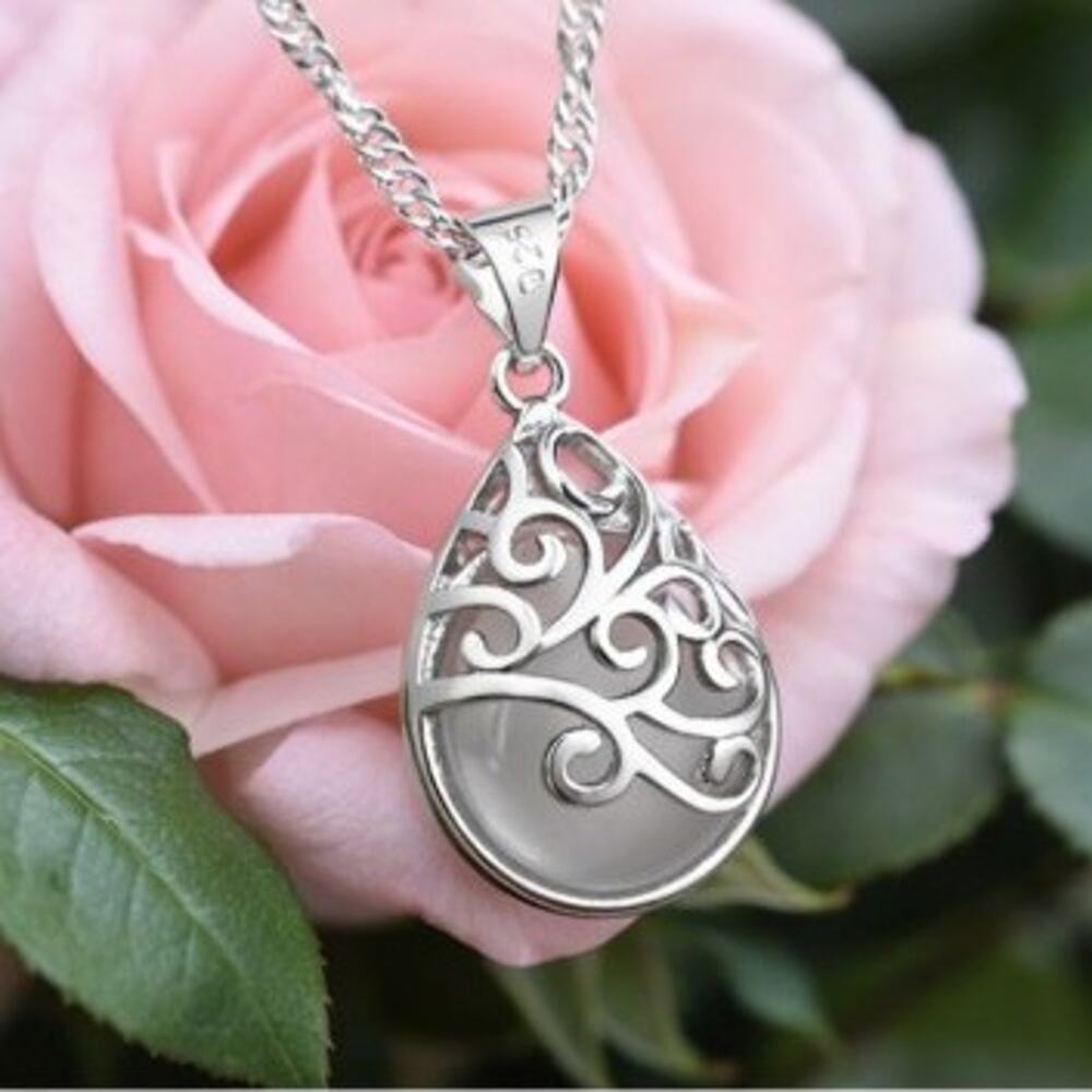 Sterling Silver Necklace w/ Moonstone Teardrop Filigree Pendant Woman's Gift